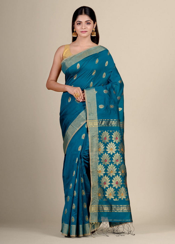 Teal Blue Blended Cotton Handwoven Saree - Indian Silk House Agencies