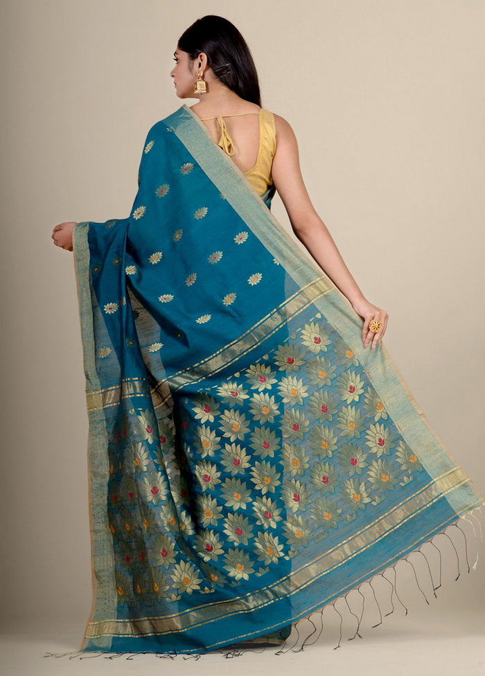 Teal Blue Blended Cotton Handwoven Saree - Indian Silk House Agencies