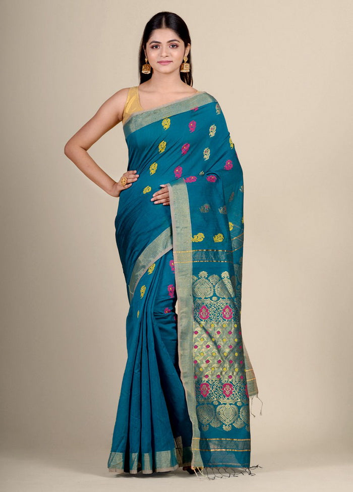 Teal Blue Blended Cotton Handwoven Saree - Indian Silk House Agencies