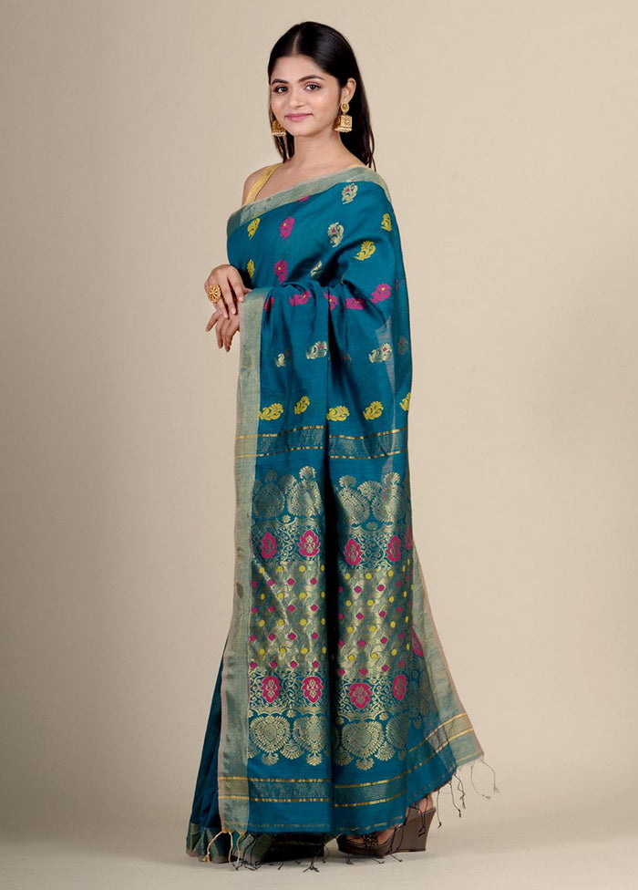 Teal Blue Blended Cotton Handwoven Saree - Indian Silk House Agencies