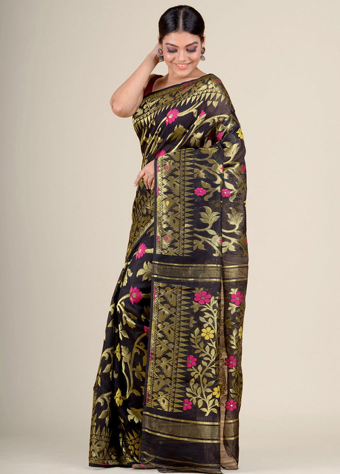 Black Jamdani Silk Saree Without Blouse Piece - Indian Silk House Agencies