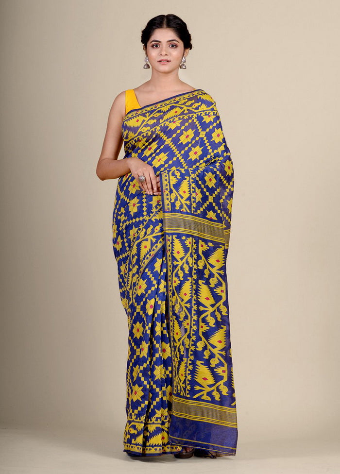 Blue Silk Cotton Handwoven Jamdani Saree Without Blouse Piece - Indian Silk House Agencies