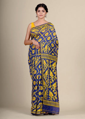 Blue Silk Cotton Handwoven Jamdani Saree Without Blouse Piece - Indian Silk House Agencies