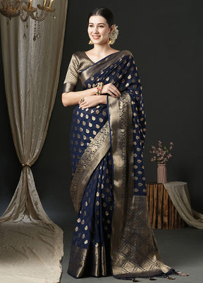 Navy Blue Georgette Saree With Blouse Piece