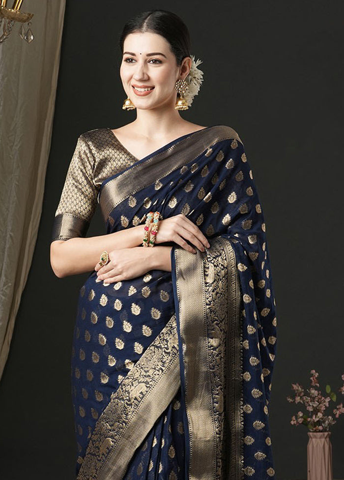 Navy Blue Georgette Saree With Blouse Piece