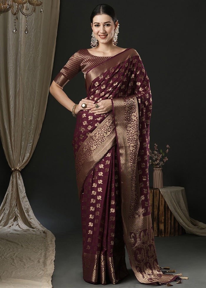 Burgundy Georgette Saree With Blouse Piece