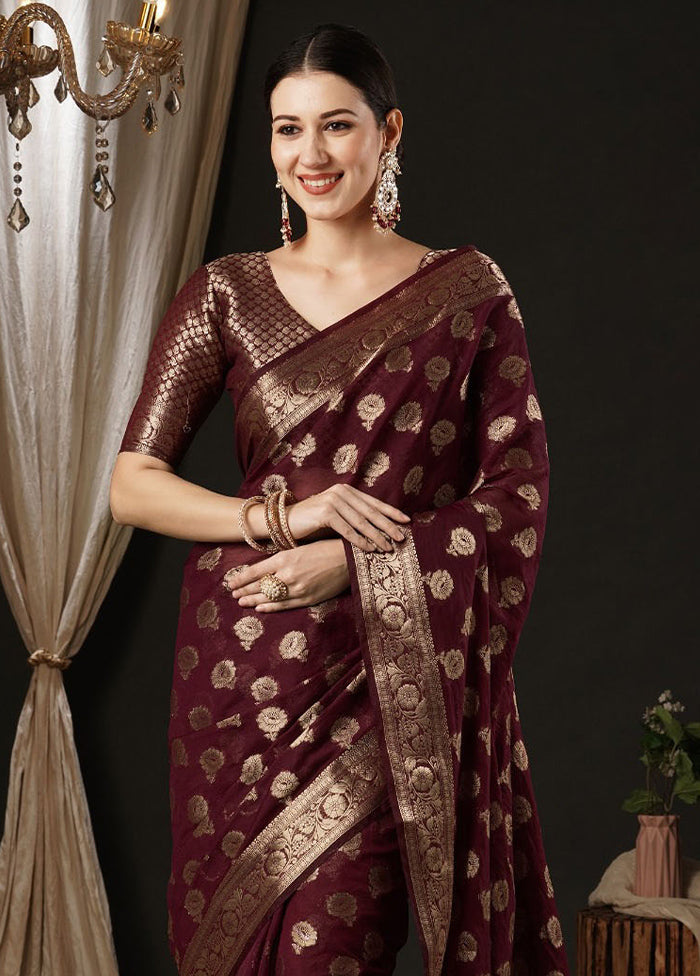 Burgundy Georgette Saree With Blouse Piece