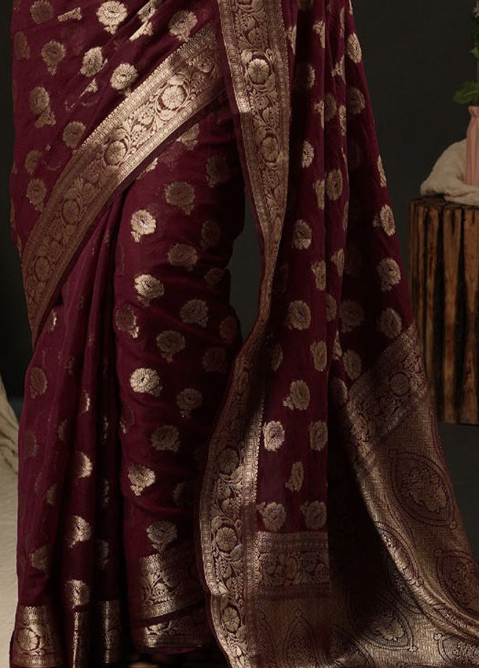 Burgundy Georgette Saree With Blouse Piece