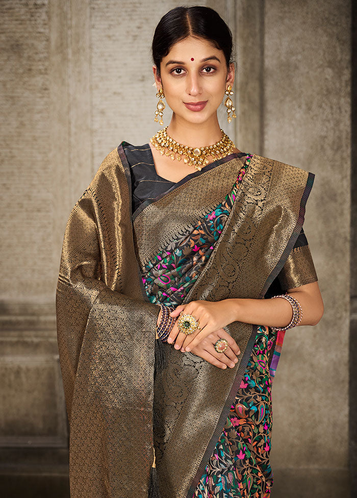 Black Spun Silk Saree With Blouse Piece - Indian Silk House Agencies