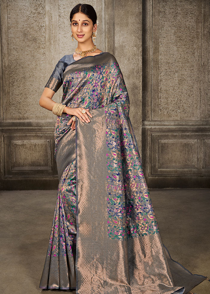 Grey Spun Silk Saree With Blouse Piece - Indian Silk House Agencies