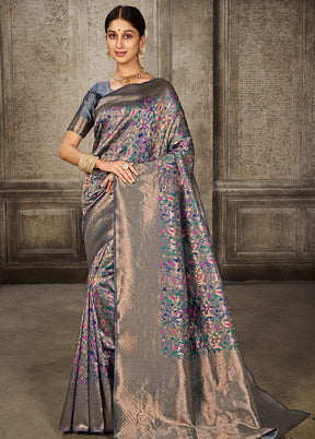 Grey Spun Silk Saree With Blouse Piece - Indian Silk House Agencies