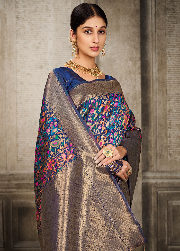 Navy Blue Spun Silk Saree With Blouse Piece - Indian Silk House Agencies