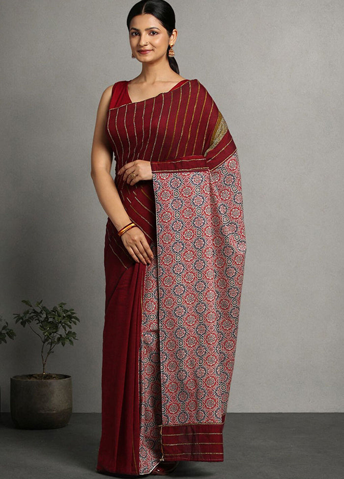 Maroon Pure Cotton Saree With Blouse Piece