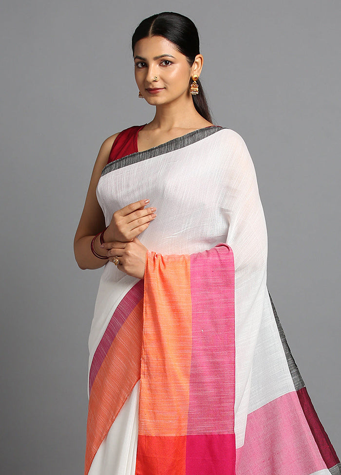 White Pure Cotton Saree With Blouse Piece