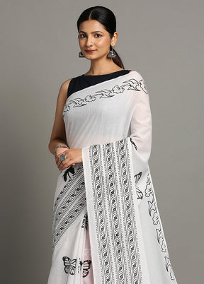 White Pure Cotton Saree With Blouse Piece