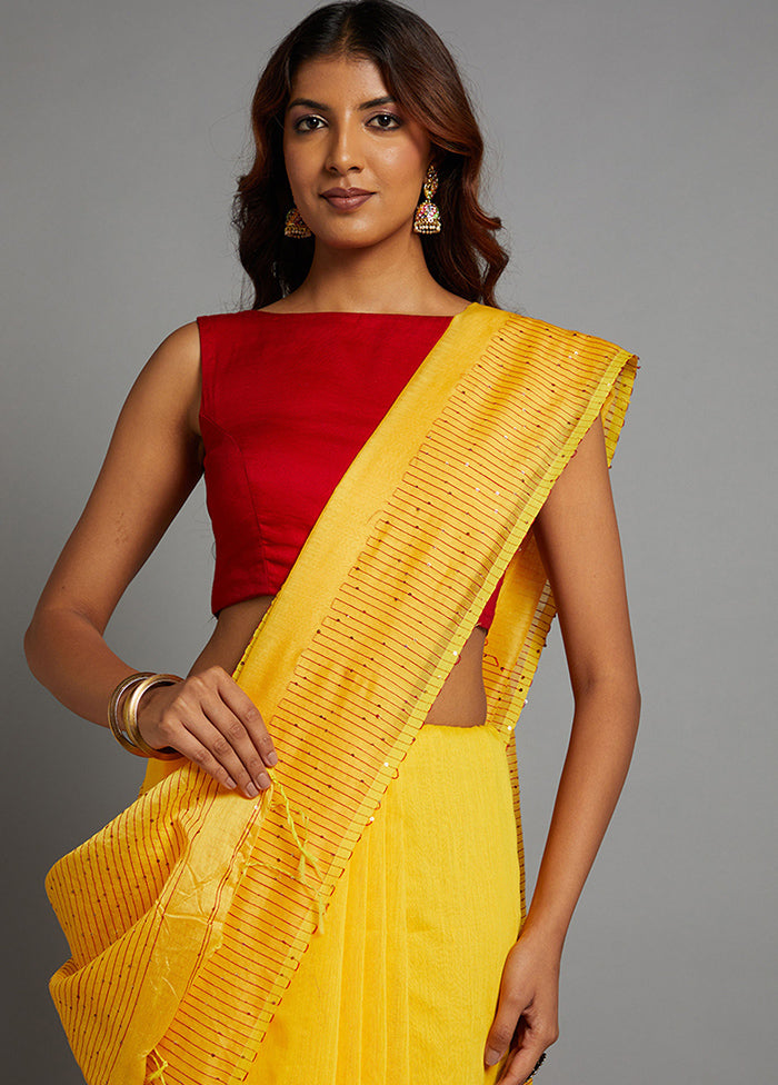 Yellow Dupion Silk Saree With Blouse Piece