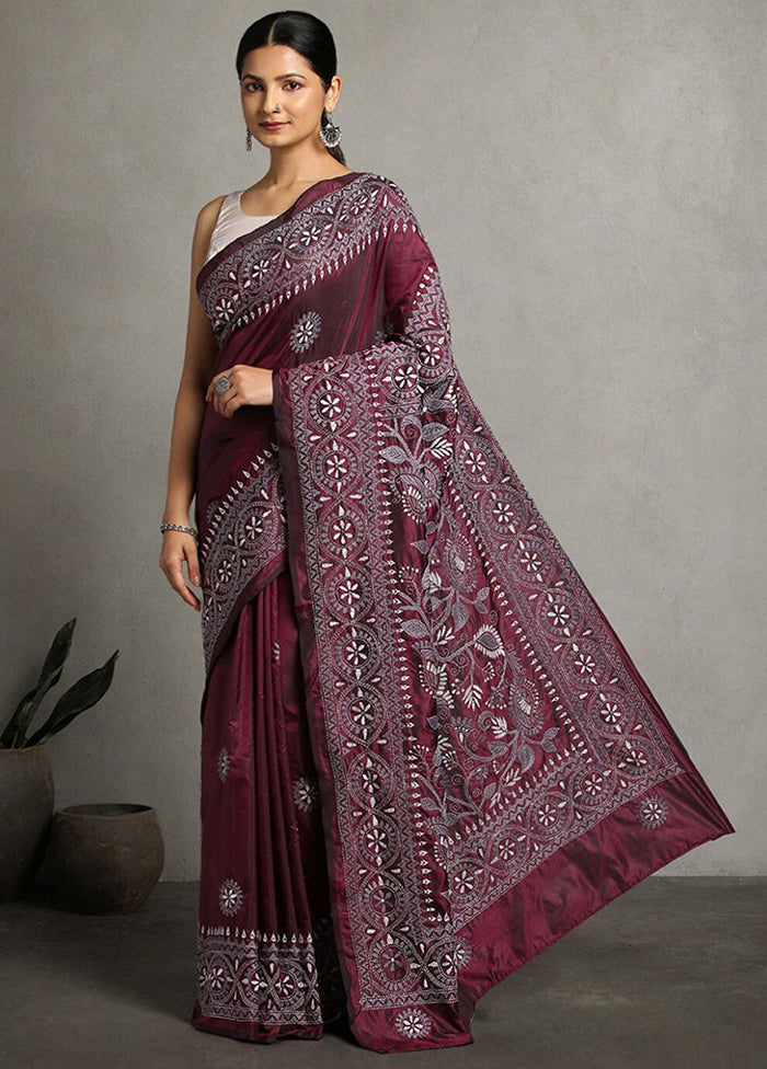 Maroon Dupion Pure Silk Saree With Blouse Piece