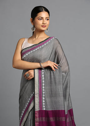 Grey Pure Cotton Saree With Blouse Piece