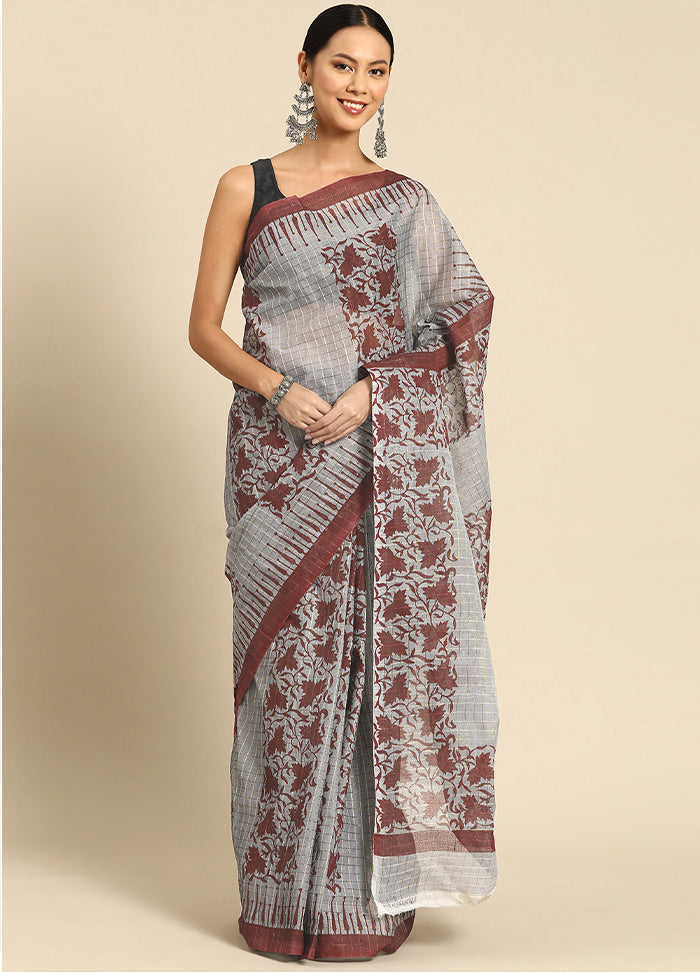 Grey Pure Cotton Saree With Blouse Piece - Indian Silk House Agencies