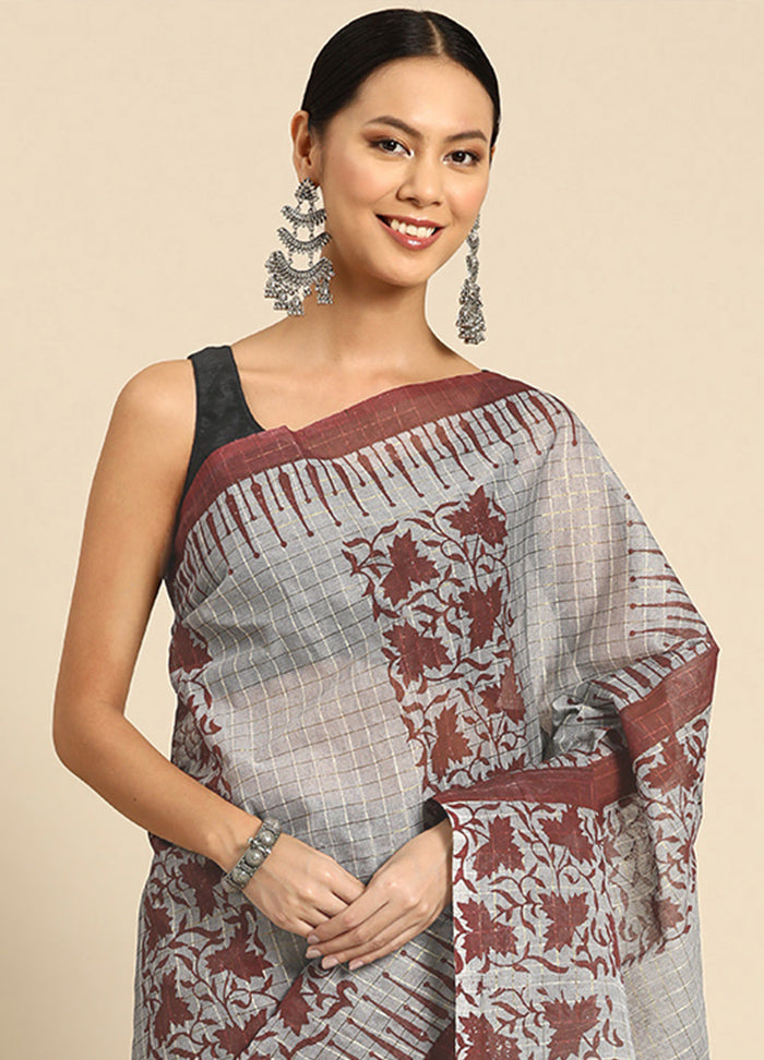 Grey Pure Cotton Saree With Blouse Piece - Indian Silk House Agencies