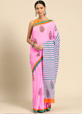 Pink Pure Cotton Saree With Blouse Piece - Indian Silk House Agencies