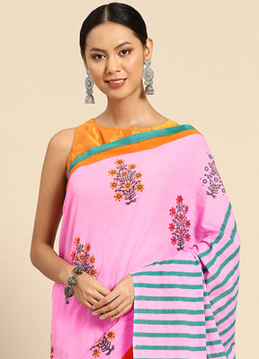 Pink Pure Cotton Saree With Blouse Piece - Indian Silk House Agencies