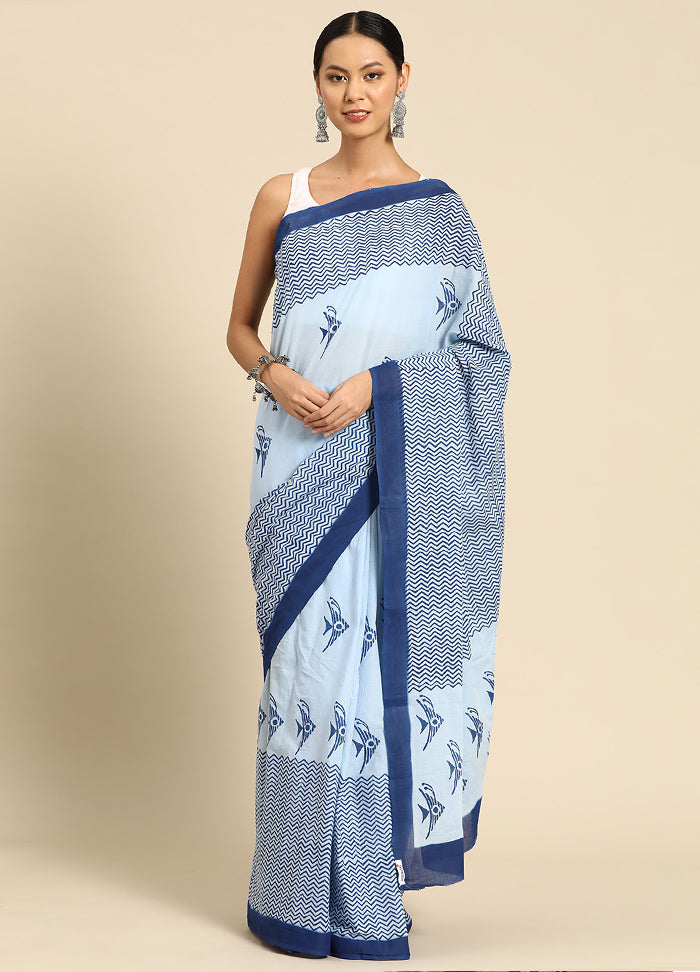 Blue Pure Cotton Saree With Blouse Piece - Indian Silk House Agencies