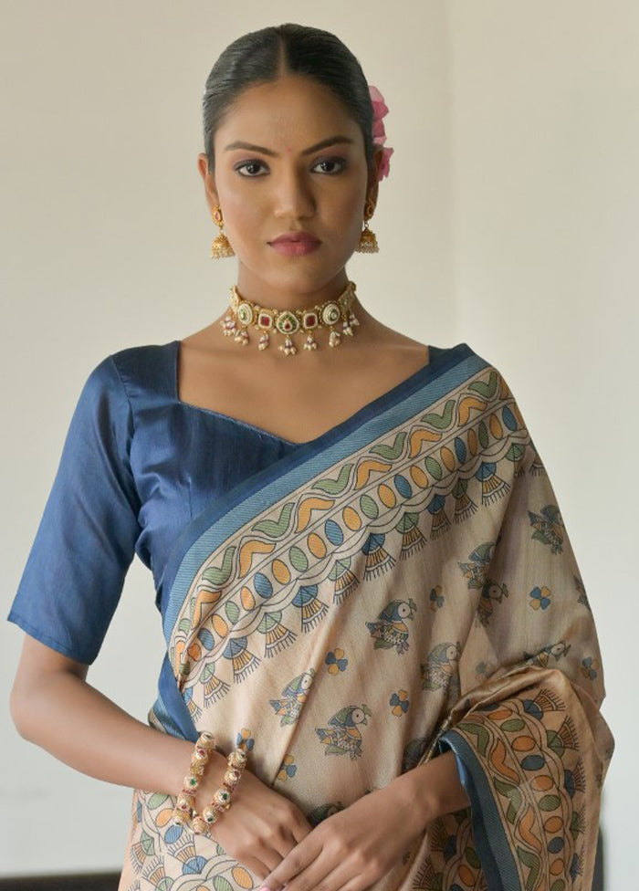 Cream Tussar Silk Saree With Blouse Piece