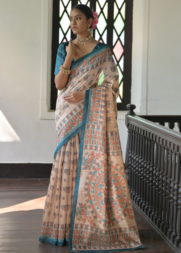 Cream Tussar Silk Saree With Blouse Piece