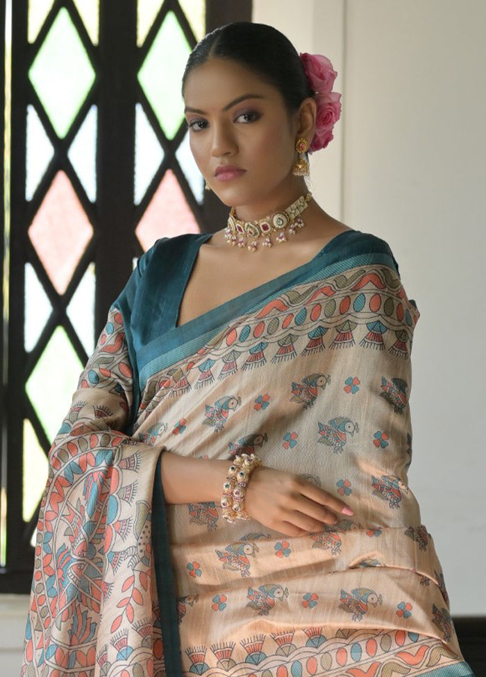 Cream Tussar Silk Saree With Blouse Piece