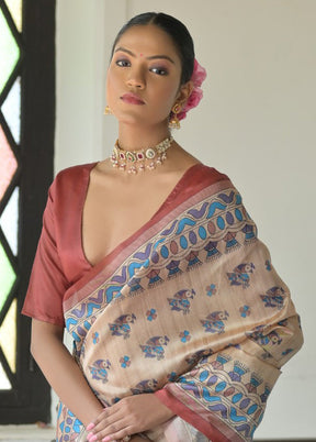 Cream Tussar Silk Saree With Blouse Piece