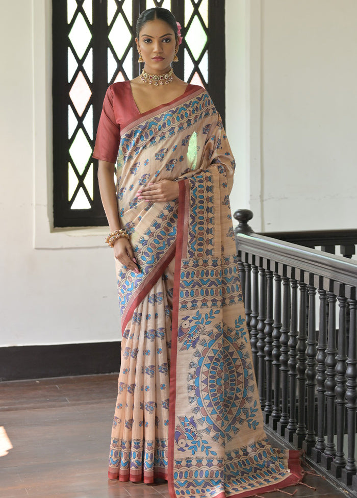 Cream Tussar Silk Saree With Blouse Piece