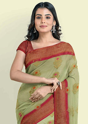 Green Cotton Saree With Blouse Piece - Indian Silk House Agencies