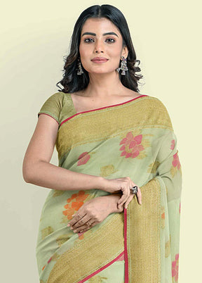 Green Cotton Saree With Blouse Piece - Indian Silk House Agencies