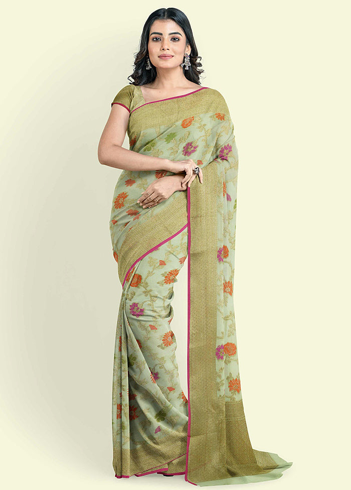 Green Cotton Saree With Blouse Piece - Indian Silk House Agencies