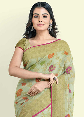 Green Cotton Saree With Blouse Piece - Indian Silk House Agencies