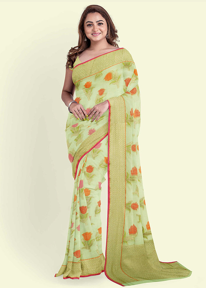 Green Cotton Saree With Blouse Piece - Indian Silk House Agencies