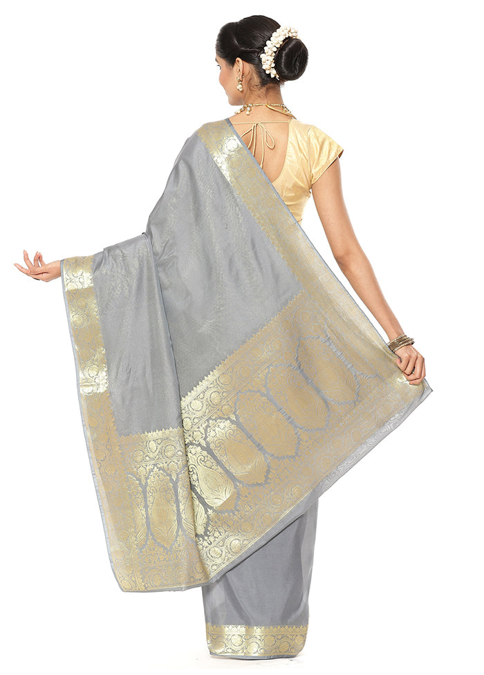 Grey Silk Saree With Blouse Piece - Indian Silk House Agencies