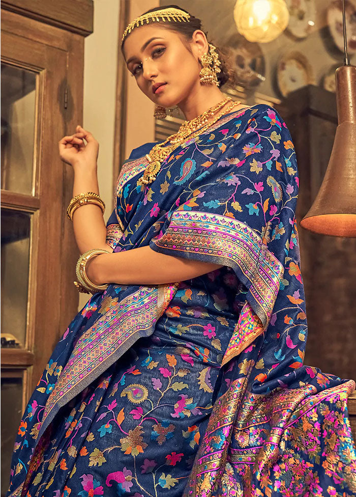 Navy Blue Spun Silk Saree With Blouse Piece - Indian Silk House Agencies