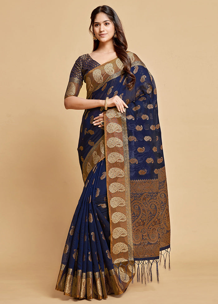 Navy Blue Chanderi Silk Saree With Blouse Piece - Indian Silk House Agencies