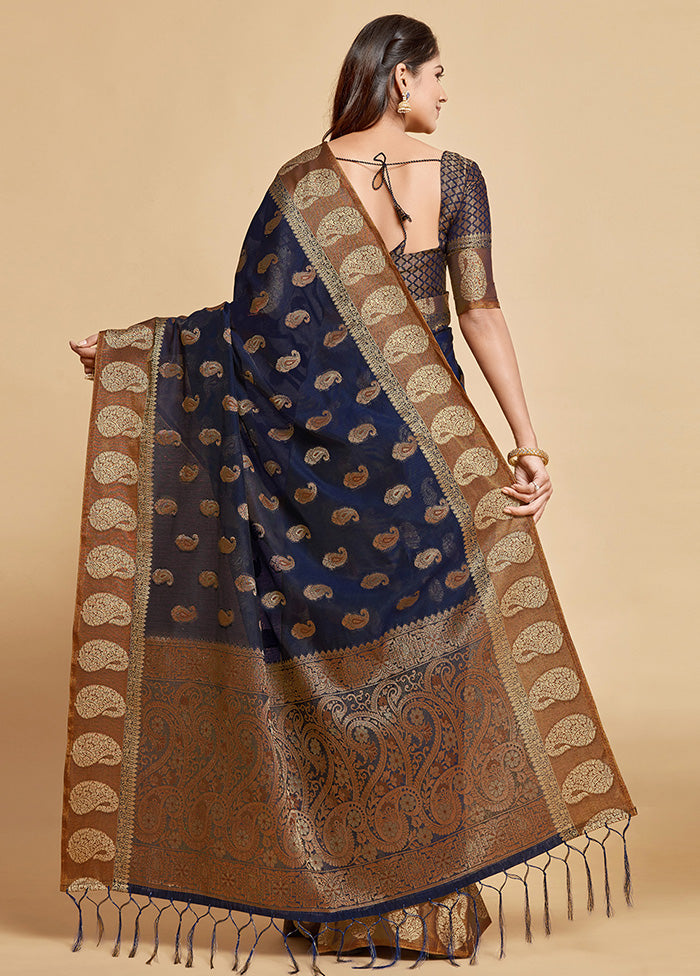 Navy Blue Spun Silk Saree With Blouse Piece - Indian Silk House Agencies