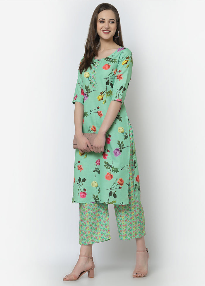 2 Pc Green Cotton Digital Print Kurti Set VDASD040922 - Indian Silk House Agencies