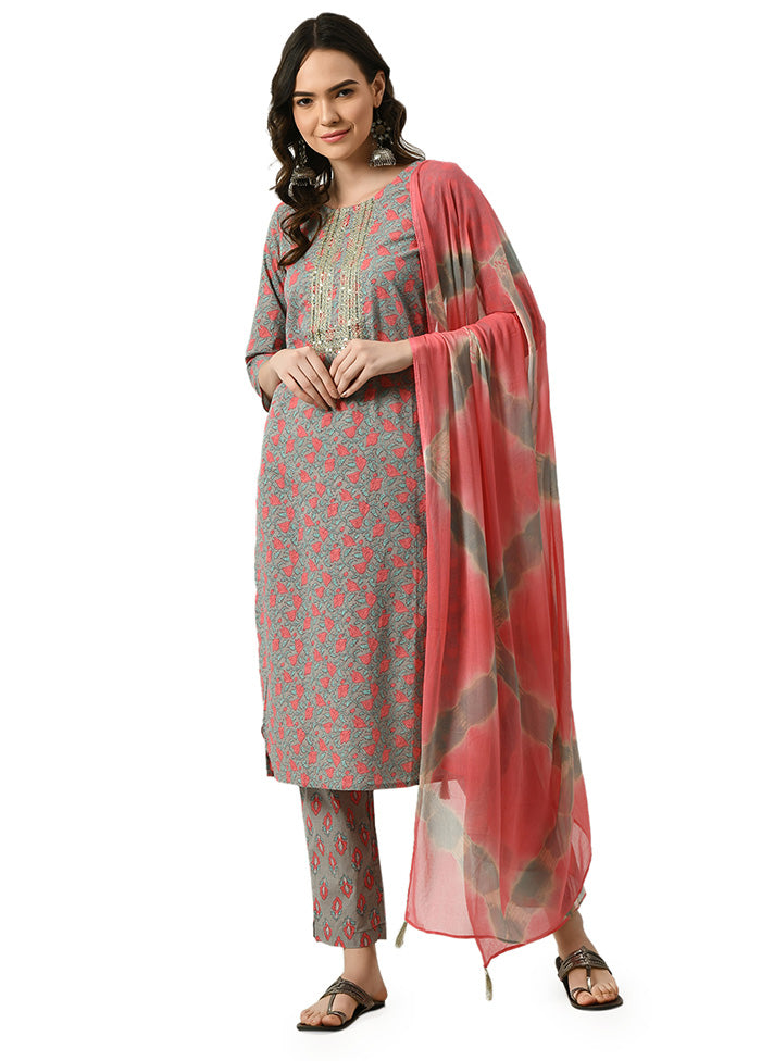 3 Pc Grey Readymade Rayon Suit Set - Indian Silk House Agencies