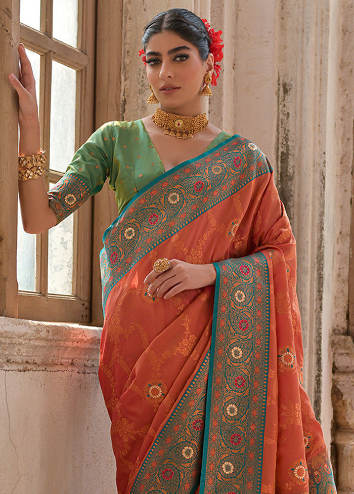 Peach Banarasi Silk Saree With Blouse Piece