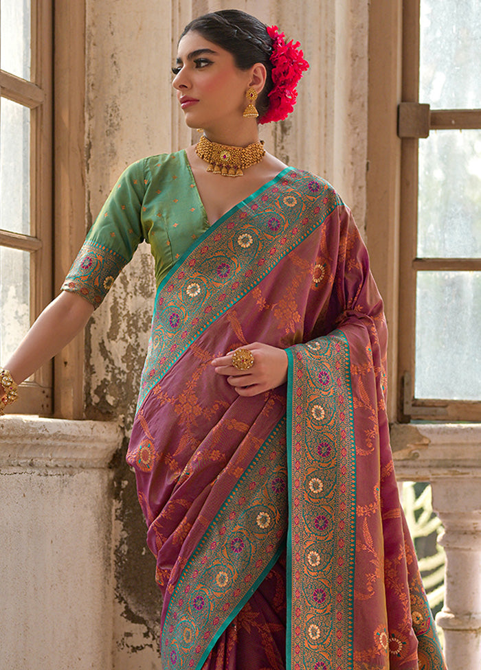 Wine Banarasi Silk Saree With Blouse Piece