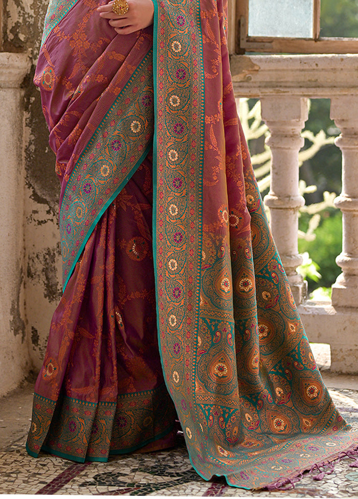 Wine Banarasi Silk Saree With Blouse Piece