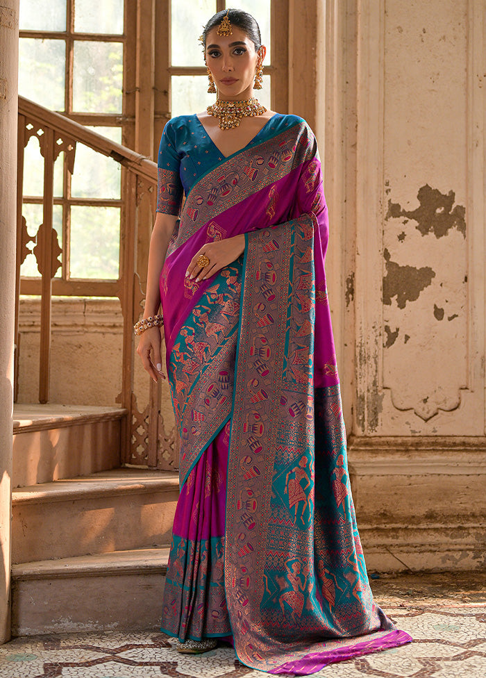 Wine Banarasi Silk Saree With Blouse Piece