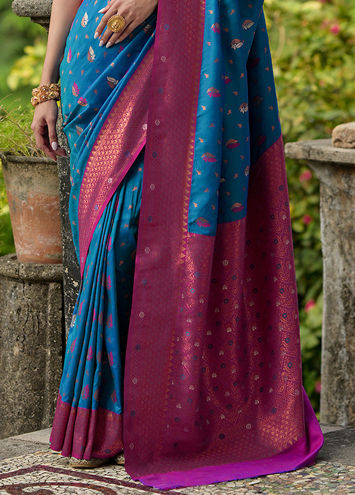 Blue Banarasi Silk Saree With Blouse Piece