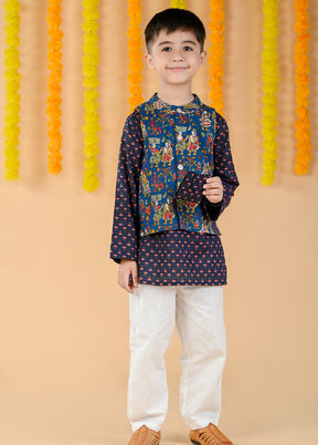 3 Pc Golden Cotton Kurta Pajama And Jacket Set - Indian Silk House Agencies