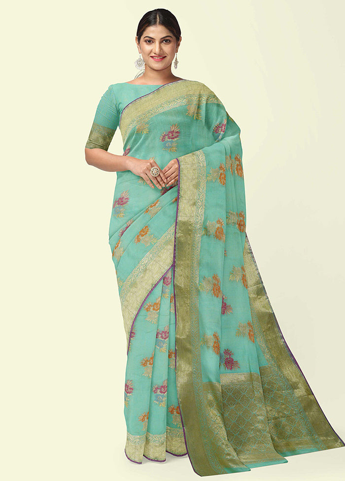 Sea Green Silk Zari Saree Without Blouse Piece - Indian Silk House Agencies